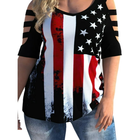 Mytrendy Women Plus Size Printed Hollow Out 3/4 Sleeve Casual Baggy Top Blouse