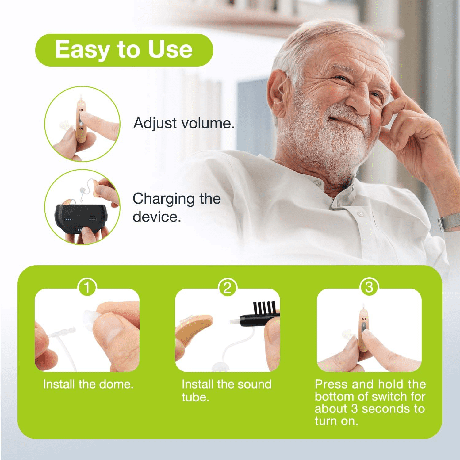 OTC Hearing Aids with Noise Cancel for Seniors, Behind-The-Ear Style, Charging Box, 2 Piece,CHOSGO V402R Beige
