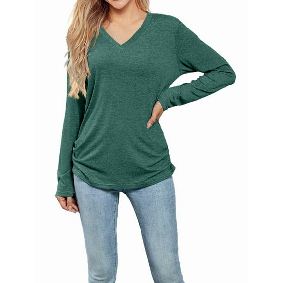 Womens Long Sleeve Shirts V Neck Casual Tops Loose Dressy Basic Fall Fashion Trendy Outfits Winter Clothes Green XXL