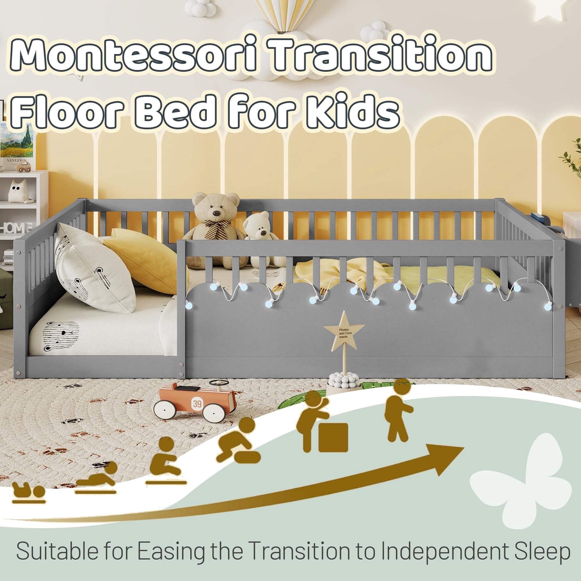 Mirightone Twin Montessori Floor Bed with  Rails and Storage Shelf, Wood Floor Bed Frame with Light for Boys Girls, Gray