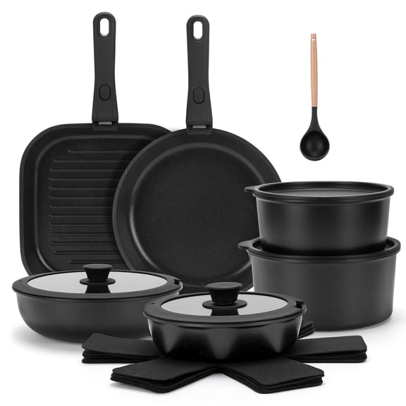 20 Piece Ceramic Pots and Pans Set Non Stick, Cookware Set with Detachable Handles, Oven Safe, Induction Ready, Stackable RV Kitchen Cooking Set, Black