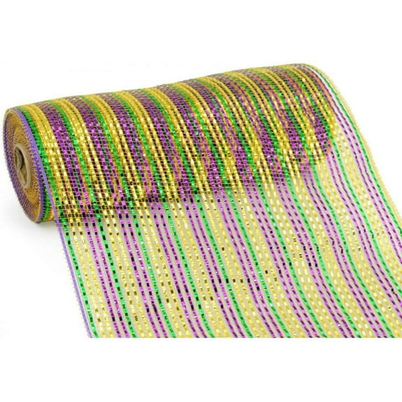 Mardi Gras Striped Deco Mesh - 10" x 10 Yards, Metallic Purple, Green and Gold, Spring Mix, Pride, Swag, Tree Topper, Bows, Gifts, Garlands, Presents, Fat Tuesday, Easter, Carnival