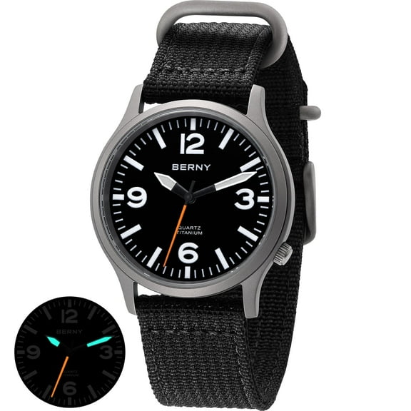 BERNY Watches for Men Military Sport Nylon Strap Titanium Field Watch with Sapphire Crystal Luminous Fashion Analog Quartz Watch Easy to Read 50M Waterproof Army Tactical Casual Wristwatch (Black)
