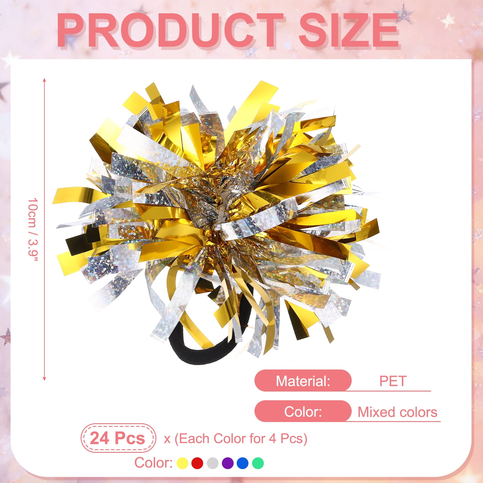 Uxcell 24 Pcs Cheerleading Pom Poms Hair Ropes for Basketball Game,Outdoor Activities, Multicolor