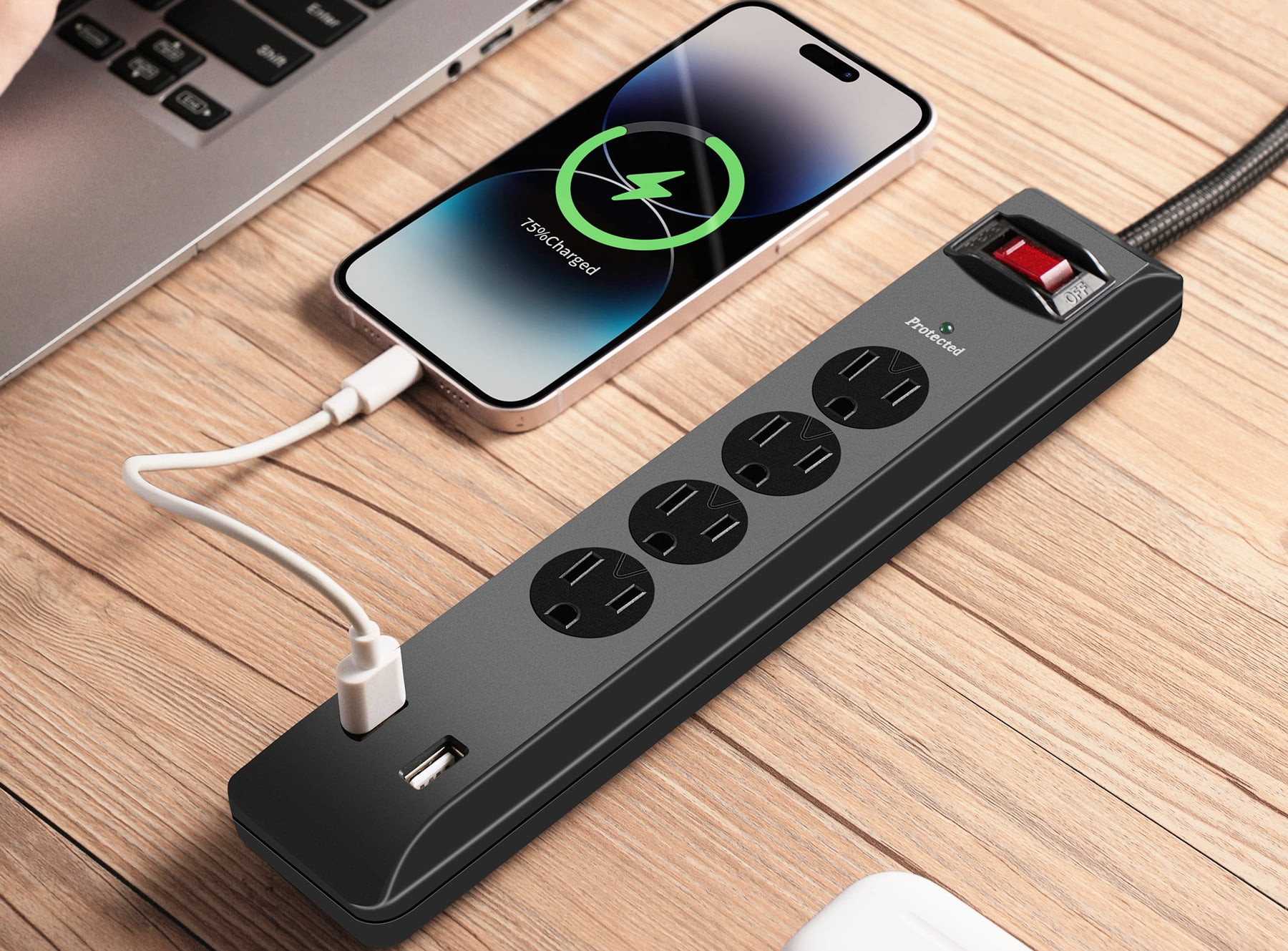 (2 pack) Hyper Tough Surge Protector Power Strip with USB, 4 Outlets, 10 ft Braided Extension Cord, Black