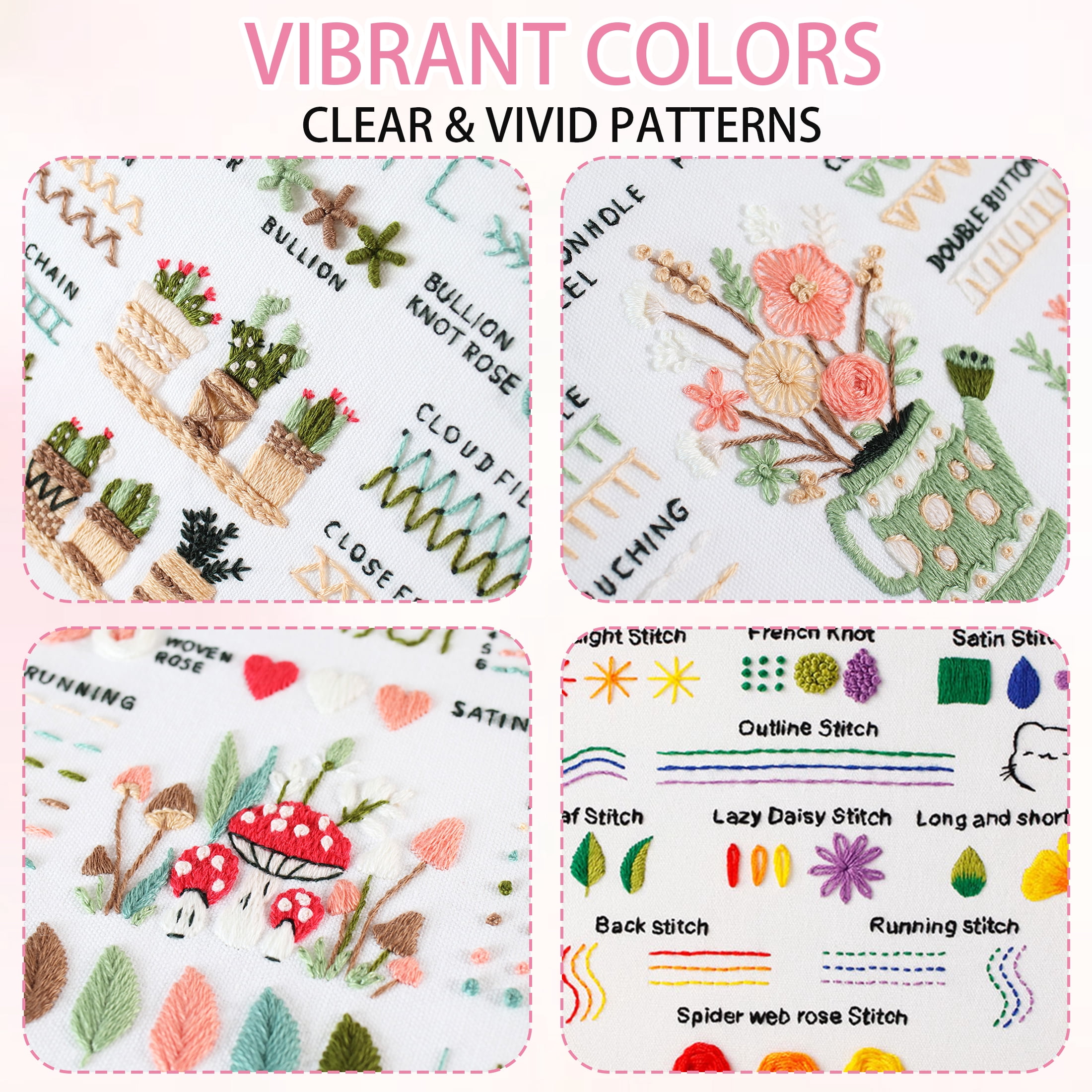 Yalumo Embroidery Kit for Adult Beginners, 4 Pack Stitch Practice Set to Learn 36 Basic Stitches, Hand Cross Stitching Kit with Hoop, Tools, Colorful Threads, and Needles