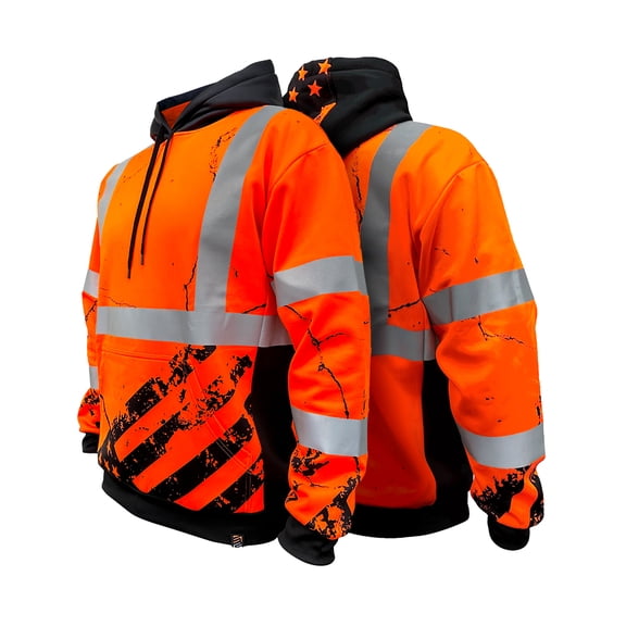 SafetyShirtz SS360º American Grit Hi Vis Hoodie for Men - Heavy-Duty Polyester with Soft Combed Fleece Interior - Class 3 Type R - Meets ANSI/ISEA 107-2020, Orange - Large