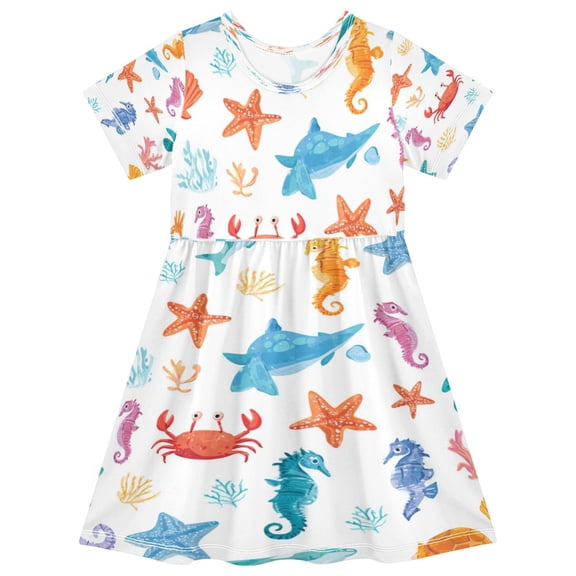 Girls Short Sleeve A-Line Dress Play Dress Playful Sea Animals Pattern Sizes 2T