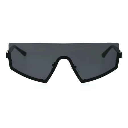 Flat Top Shield 80s Bottom Half Rim Metal Robot Sunglasses All Black