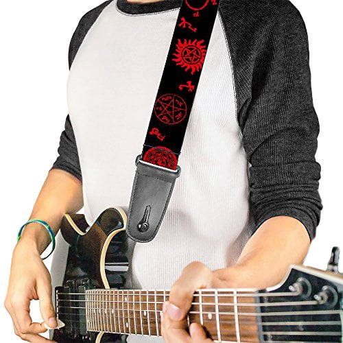 Supernatural Guitar Strap, Supernatural Symbols Scattered Black Red, 2 Inches Wide