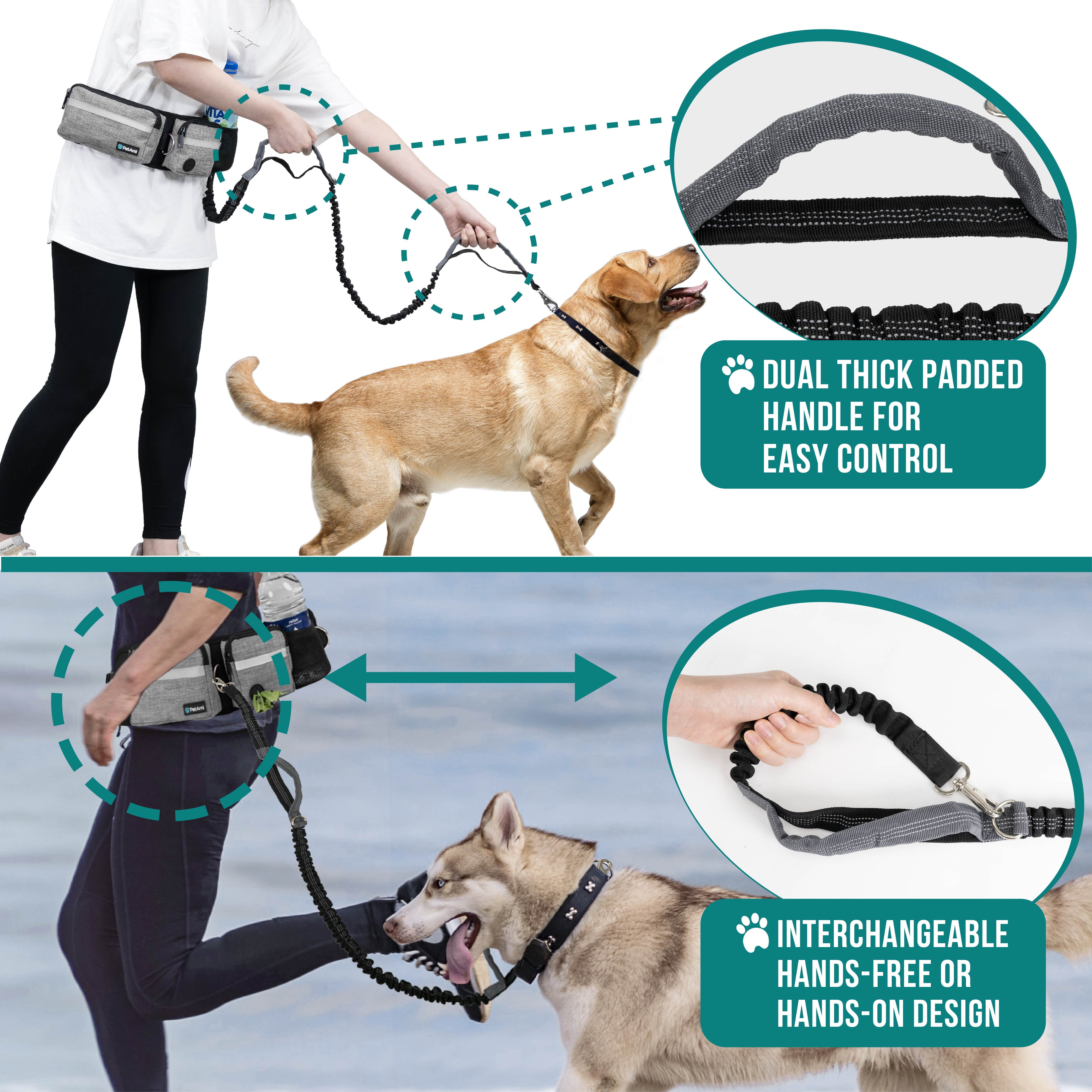 PetAmi Hands Free Dog Leash, Dog Running Leash Belt Bag for Walking, Jogging, Dog Waist Double Zipper Pouch with Poop Bag Dispenser, Dual Padded Handles Reflective Bungee Leash, Single (Heather Grey)