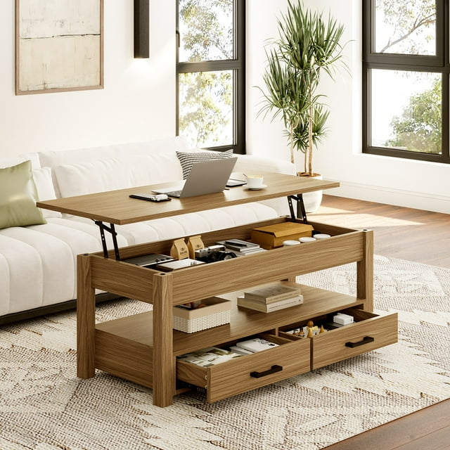 GUNAITO Table Basse à Plateau Relevable avec 2 Tiroirs, Table Basse en Bois avec Armoire de Rangement et Compartiments Cachés pour Salon, Brun Clair, Rectangulaire