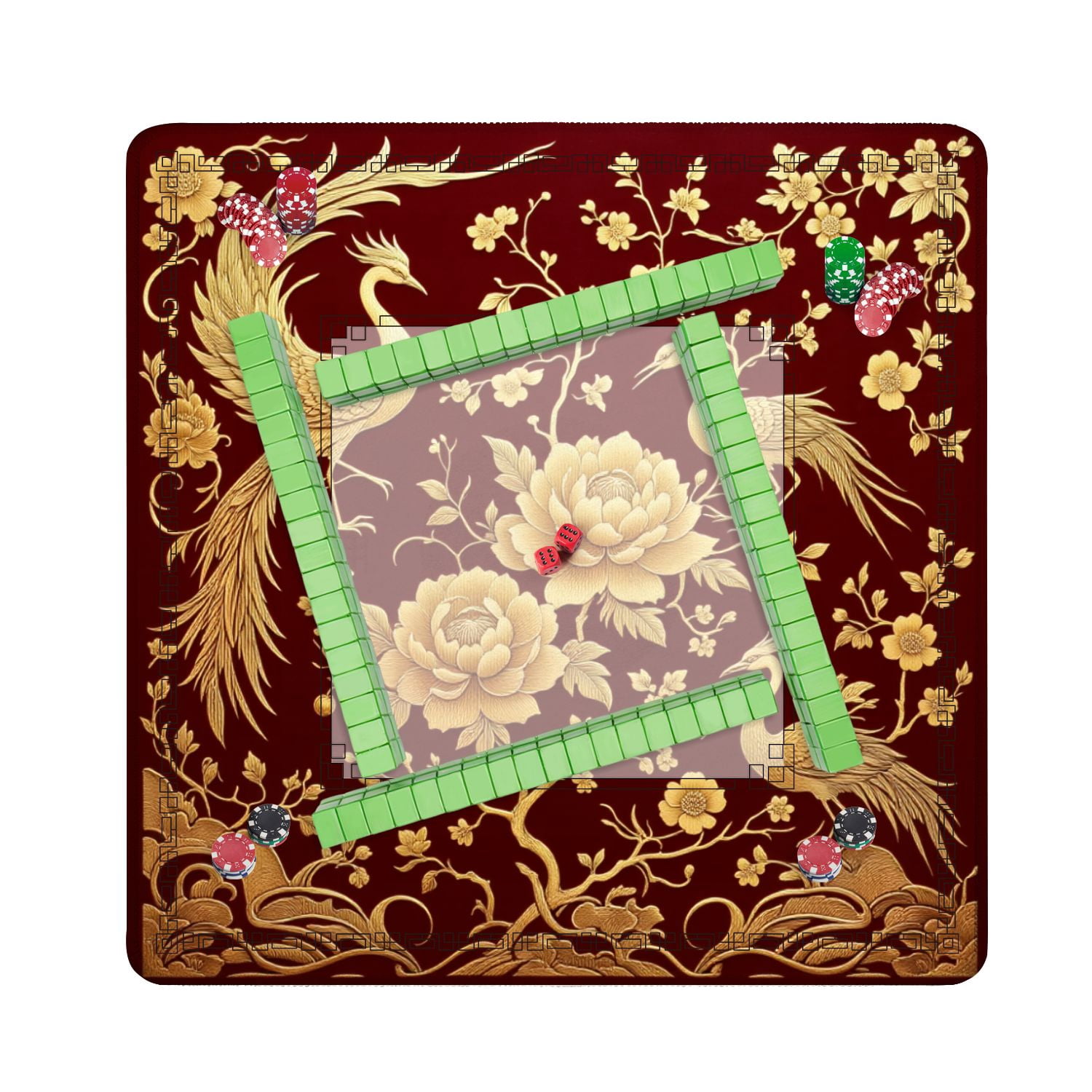 Mahjong Mat 31.5" x 31.5" Floral Embroidery Crimson Non-Slip Noise Reduction American Mahjong Tiles Table Cover for Dominoes Poker Card Board Games Gift