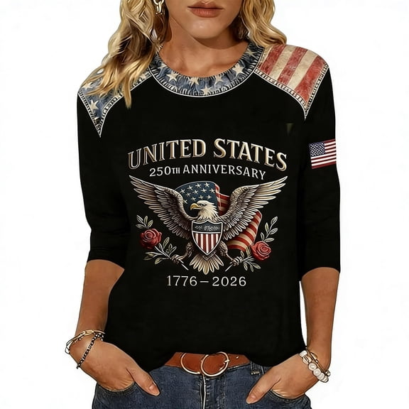 Women's T-Shirts America 250 Patriotic Eagle Graphic Crew Neck 3/4 Sleeve 1776–2026 Anniversary Top