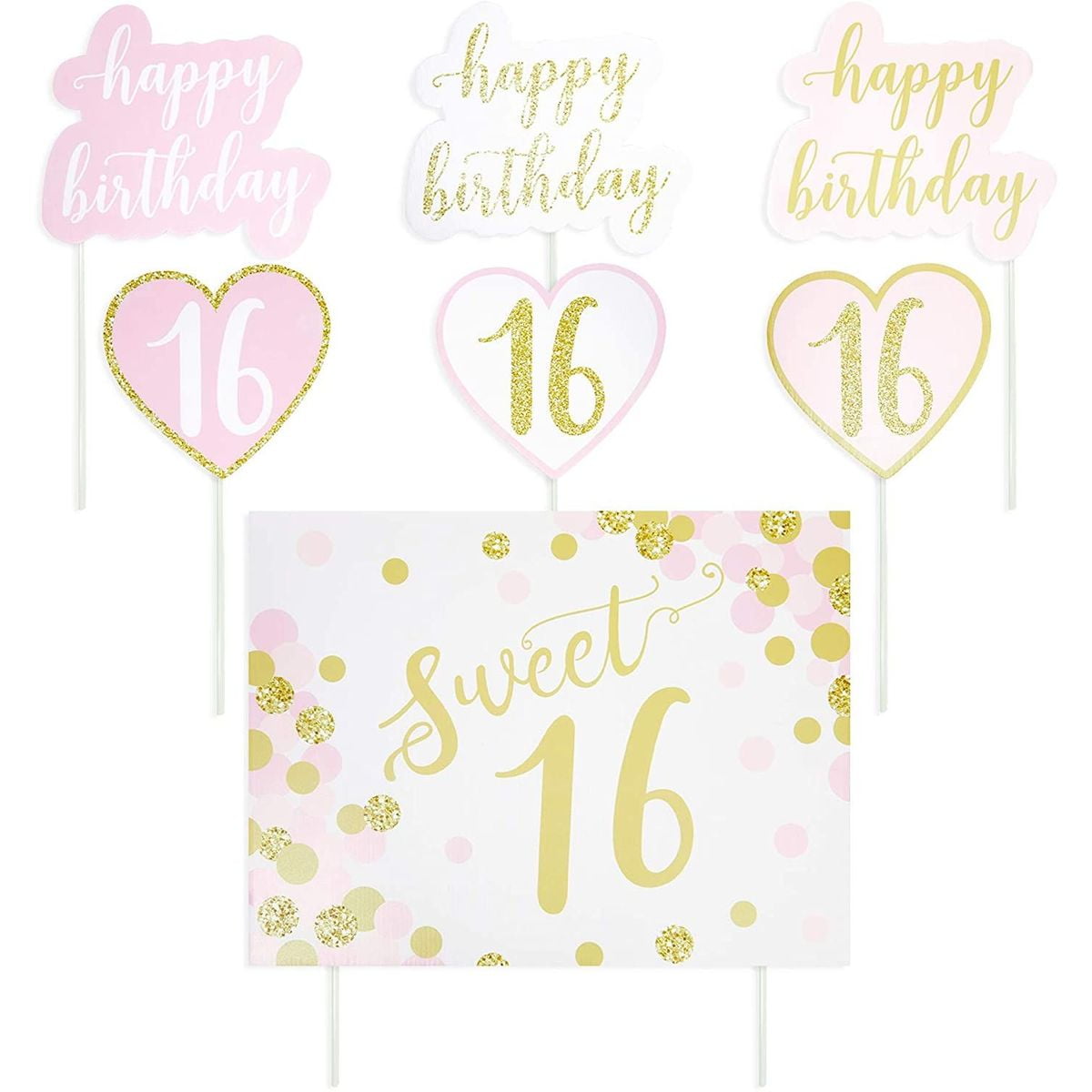 WATINC Happy 16th Birthday Yard Sign with Metal Stakes Double Sided Printing Large Waterproof Lawn Signs Gold White Balloons Black Outdoor Party Decorations for 16 Years Old Boys Girls 11.8 x 16.9 in
