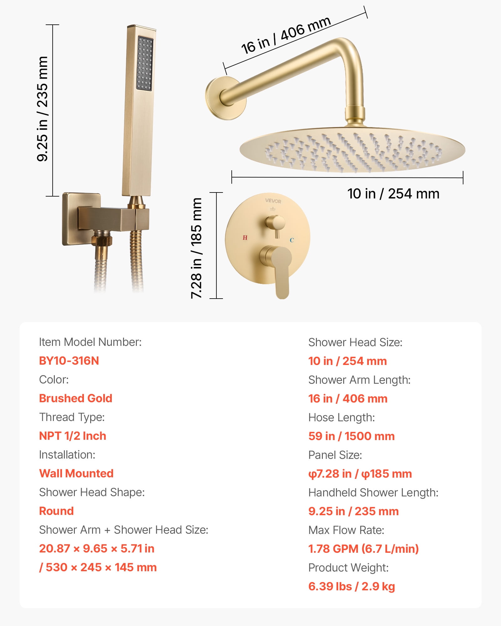 VEVOR Shower Faucet Set, Rainfall Bathroom Shower System with 10-Inch Round Rain Shower Head and Handheld Spray, Wall Mounted Bath Fixtures with Brass Valve and Trim Kit, Brushed Gold