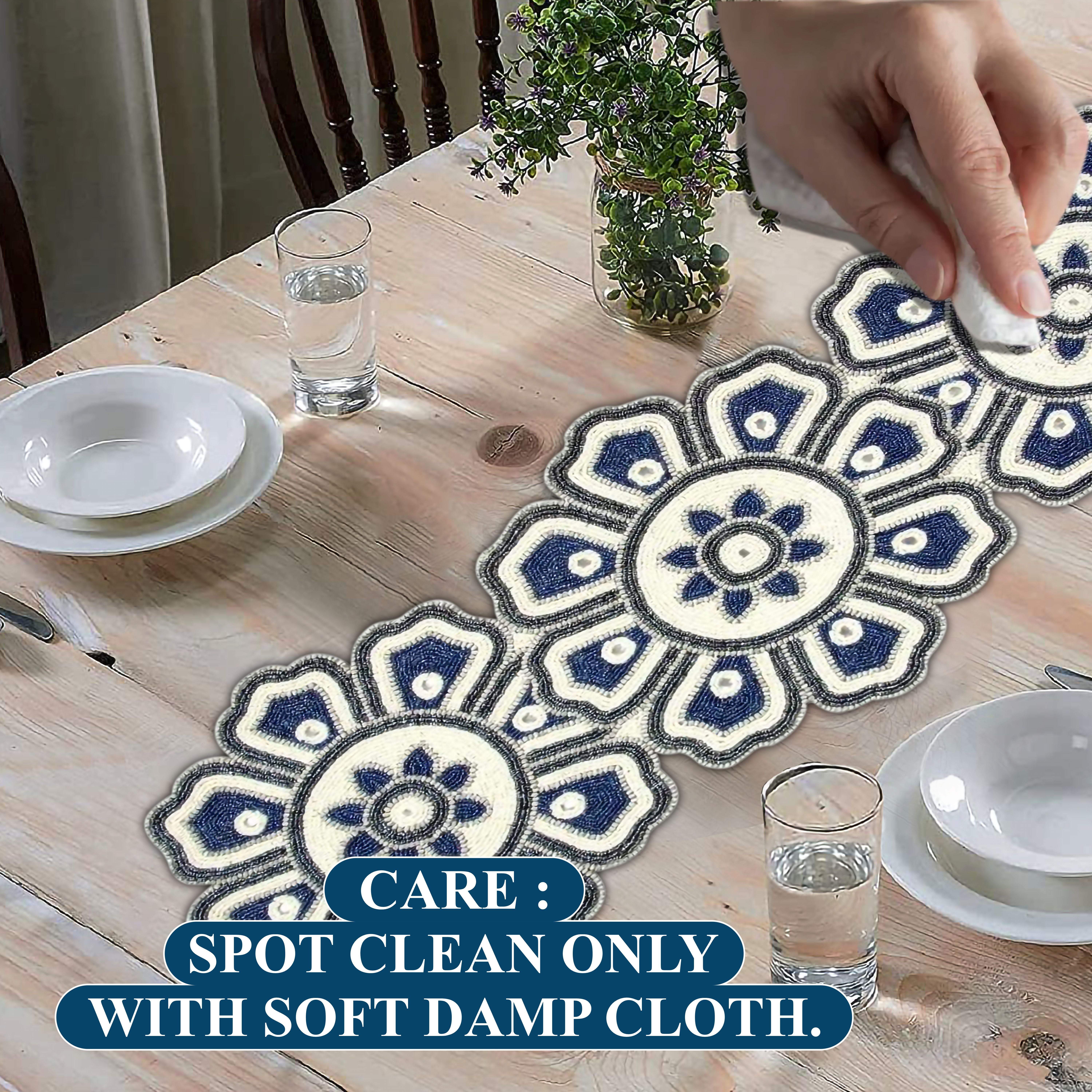 GFI LINEN CLUBS Hand Made Beaded Table Runner/ Home Decor Mat in Navy, Charcoal & Ivory Colour, 13 x 36 Inches, Pack of 1, Produced by Village Artisans in India