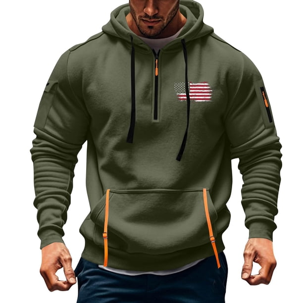 Sudadera con capucha para hombre, con estampado de bolsillo, media cremallera, cordón ajustable, informal, deportiva, de manga larga, blusa de poliéster