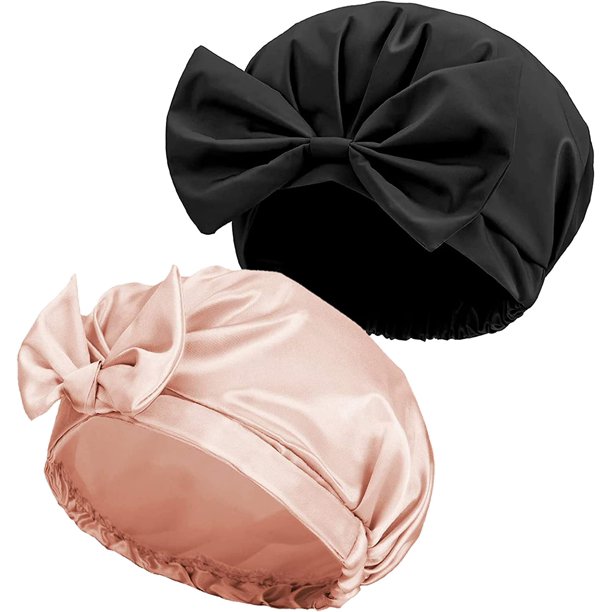 Gorro de baño con lazo reutilizable, gorro de ducha impermeable, gorro de ducha con turbante, gorro de baño ajustable para mujeres y niñas, Spa de belleza para el cabello (rosa + negro)