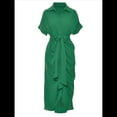 thumbnail image 3 of Vestido Camisero Fruncido de Verano para Mujer, Corta, Solapa, Cuello en V, Fiesta, Cintura Alta, Verde L, 3 of 6