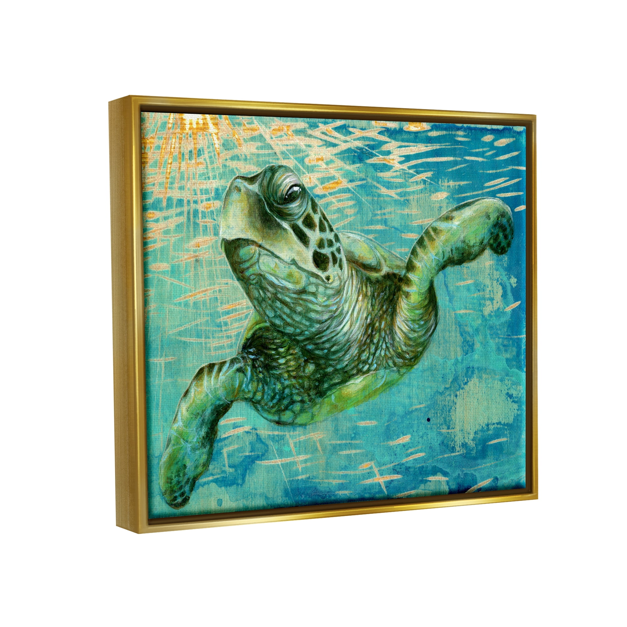 Stupell Industries Turtle & Abstract Rays Animals & Insects Painting Gold Floater Framed Canvas Art Print Wall Art, 31 x 25