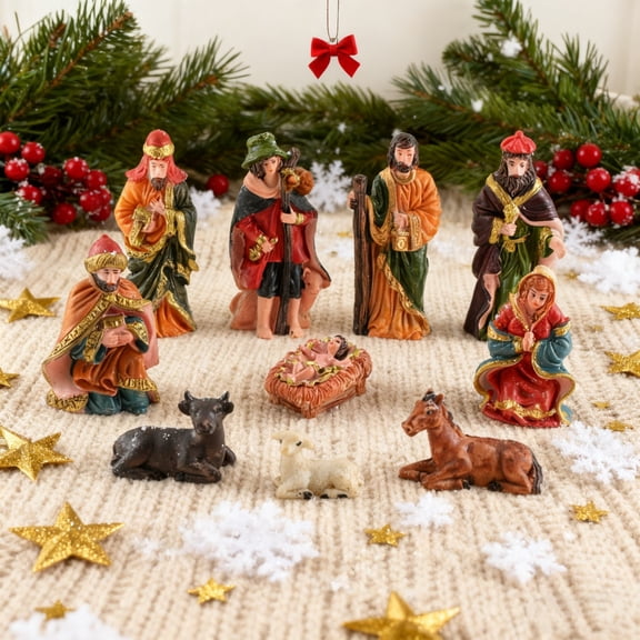 10 Pcs Nativity Set with Figures Jesus Birth Holy Family Miniatures, Resin Mini Nativity Scene Figurines for Christmas Tree Tabletop Decor, Home Holiday Decoration Gift