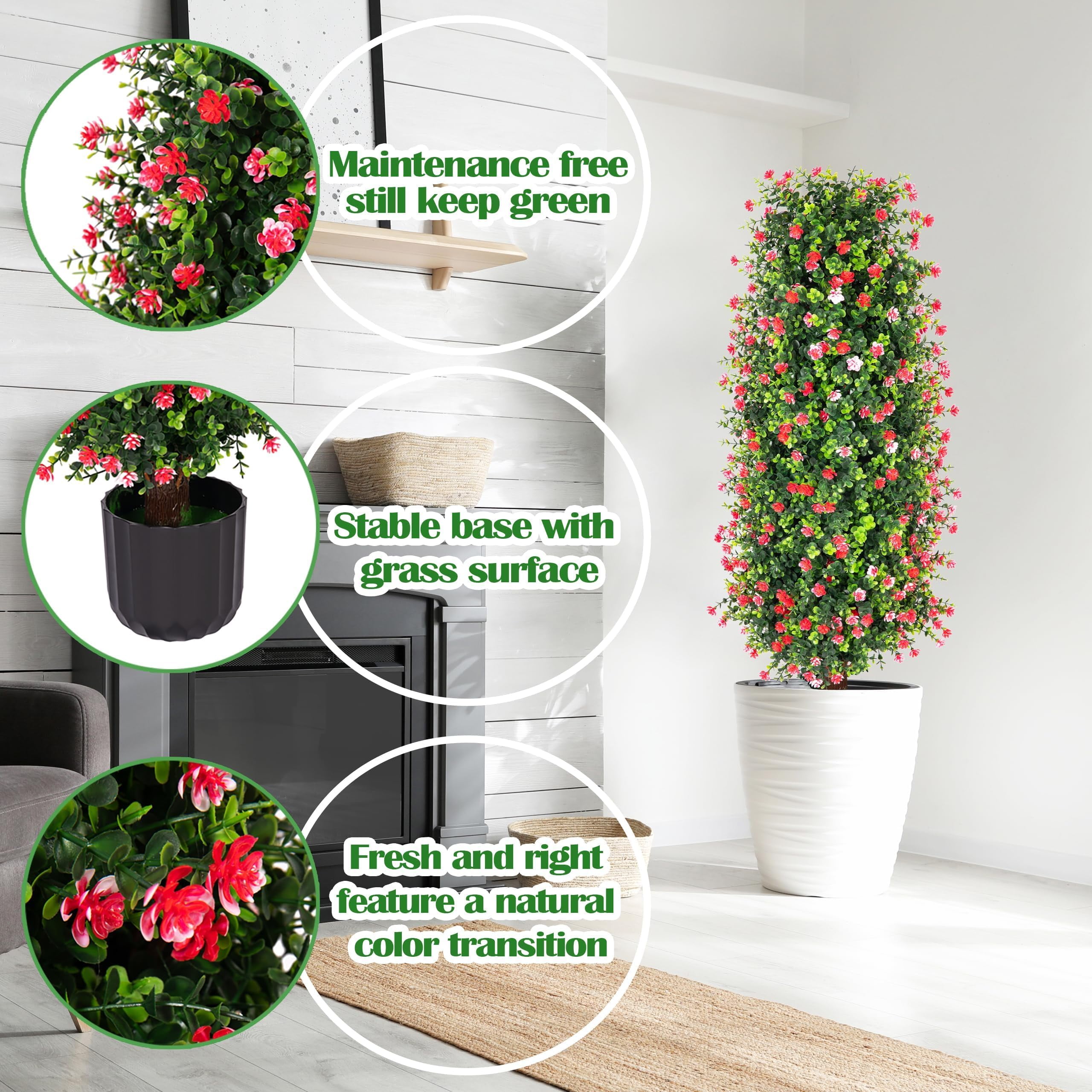Bibana Artificial Rose Tree 3FT- Fake Floral Plant Tree in Pot- Decorative Topiary Plant - Cement Filled Potted Faux Flower Plant for Home Office Porch Decor Indoor Outdoor(set of 2)