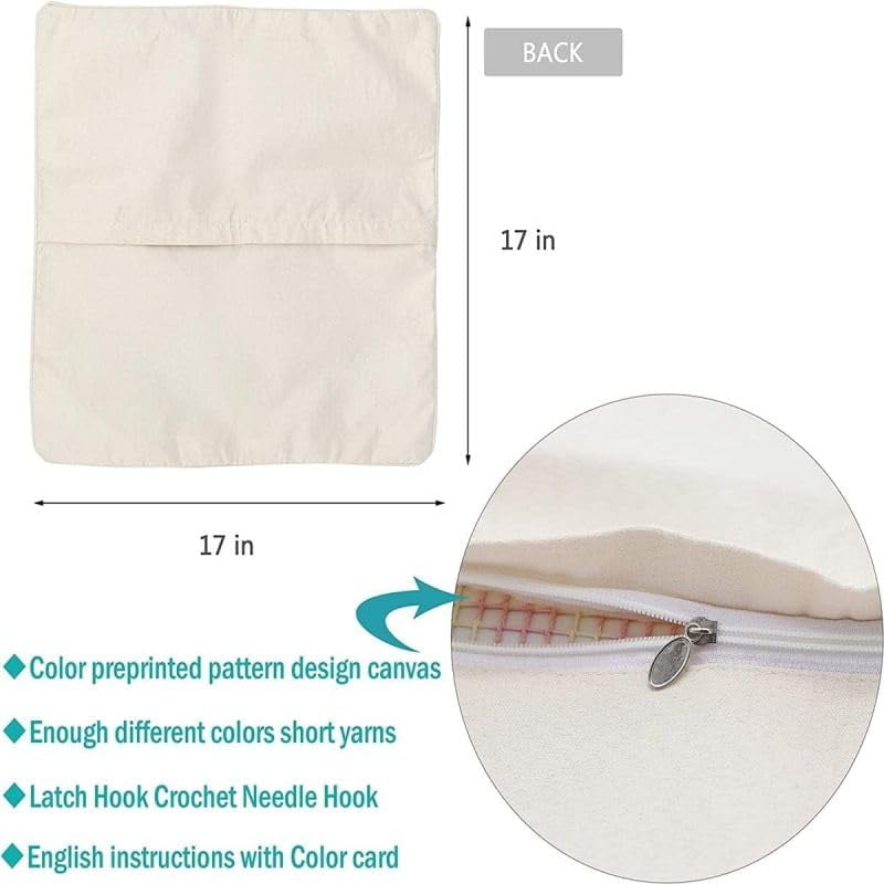 Latch Hook Pillow Kits for DIY Throw Pillow Cushion Embroidery Latch Hooking Pillowcase Kits with Preprinted Canvas Crochet Yarn Kits for Home Decor 17''X 17''(j260)