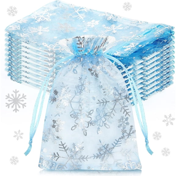 100 Pcs Christmas Snowflake Organza Gift Bags 4 x 6 Inch Small Mesh Jewelry Pouches Mini Drawstring Candy Goody Organza Favor Bags for Christmas, Winter Party, Jewelry(Light Blue) Light Blue