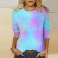 thumbnail image 2 of Besolor T-Shirts à Manches 3/4 pour Femmes Hauts Tendance à Col Rond Teinture sur Nœuds Blouse Décontractée Ample pour Sorties, 2 of 5