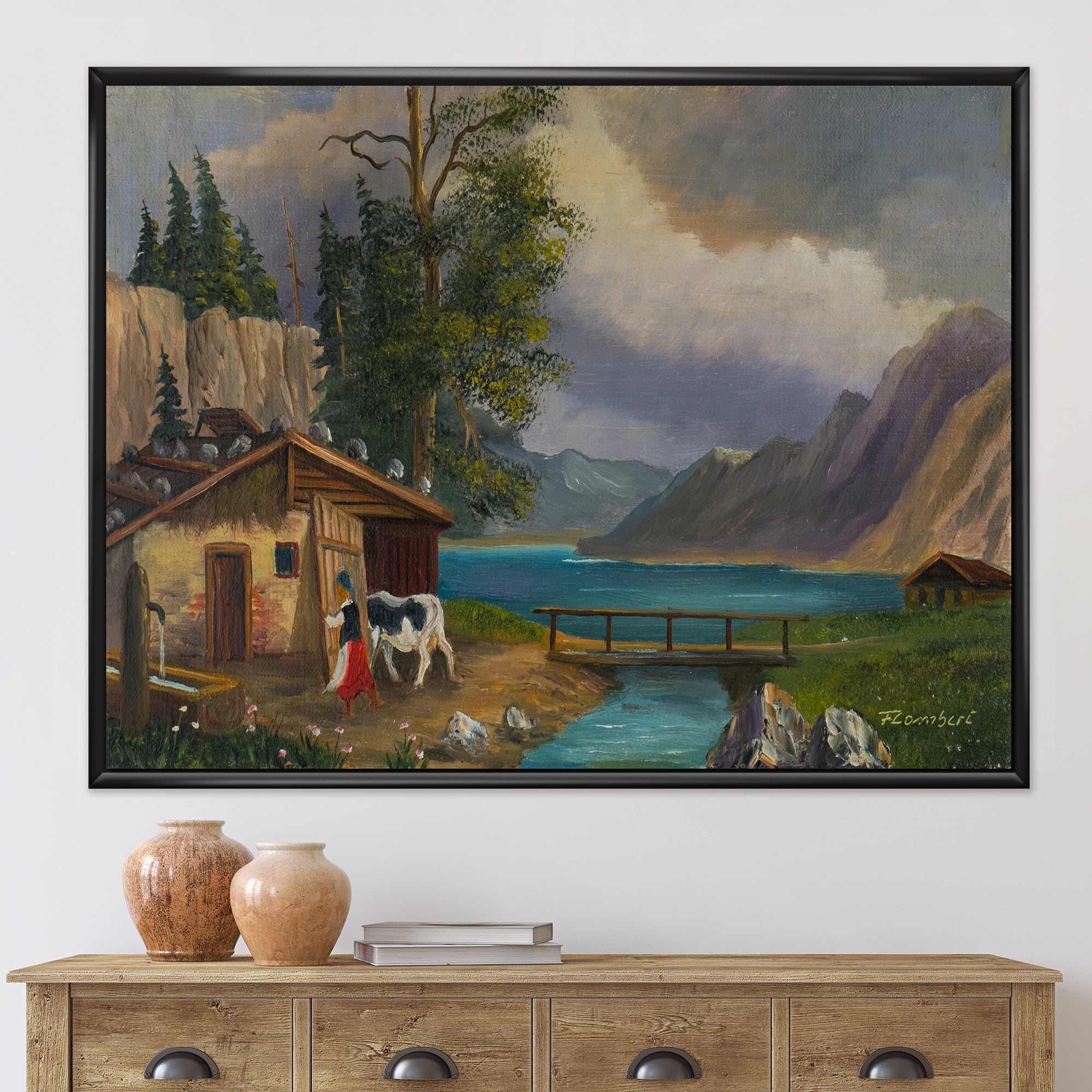 Girl Brings The Cow Into The Stable At A Lake 20 in x 12 in Framed Painting Canvas Art Print, by Designart