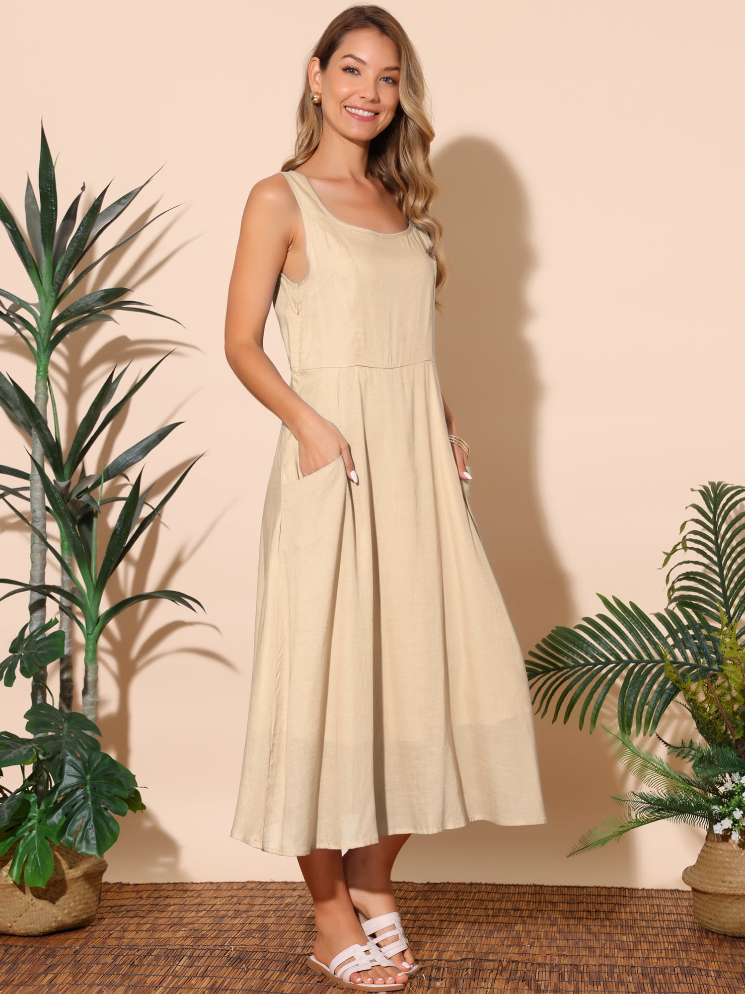 DARING DIVA Women's Sleeveless Loose Flowy Midi Tank Beach Dress M Khaki