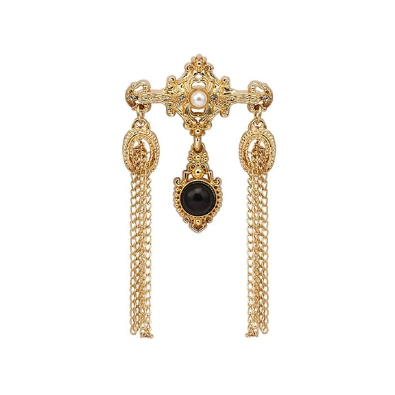 Knighthood Gold Engraving Imitation Pearl Black Stone and Hanging Chain Metal Lapel Pin Brooch for Men