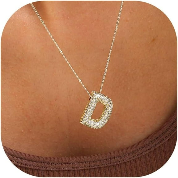 Bubble Letter Necklace Gold For Women Dainty Balloon Initial Cubic Zirconia Necklaces 14K Gold Plated Alphabet Pendant Necklace Personalized Jewelry Gift[o607]