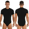 thumbnail image 2 of renvena Mens Crew Neck Short Sleeve Leotard Undershirt Press Button Crotch Bodysuit A Black L, 2 of 7