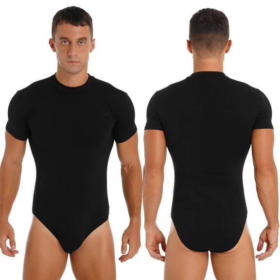 Aislor Men's Short Sleeve Undershirt One Piece Leotard Top Press Button Crotch Shirt Bodysuit Black XXL
