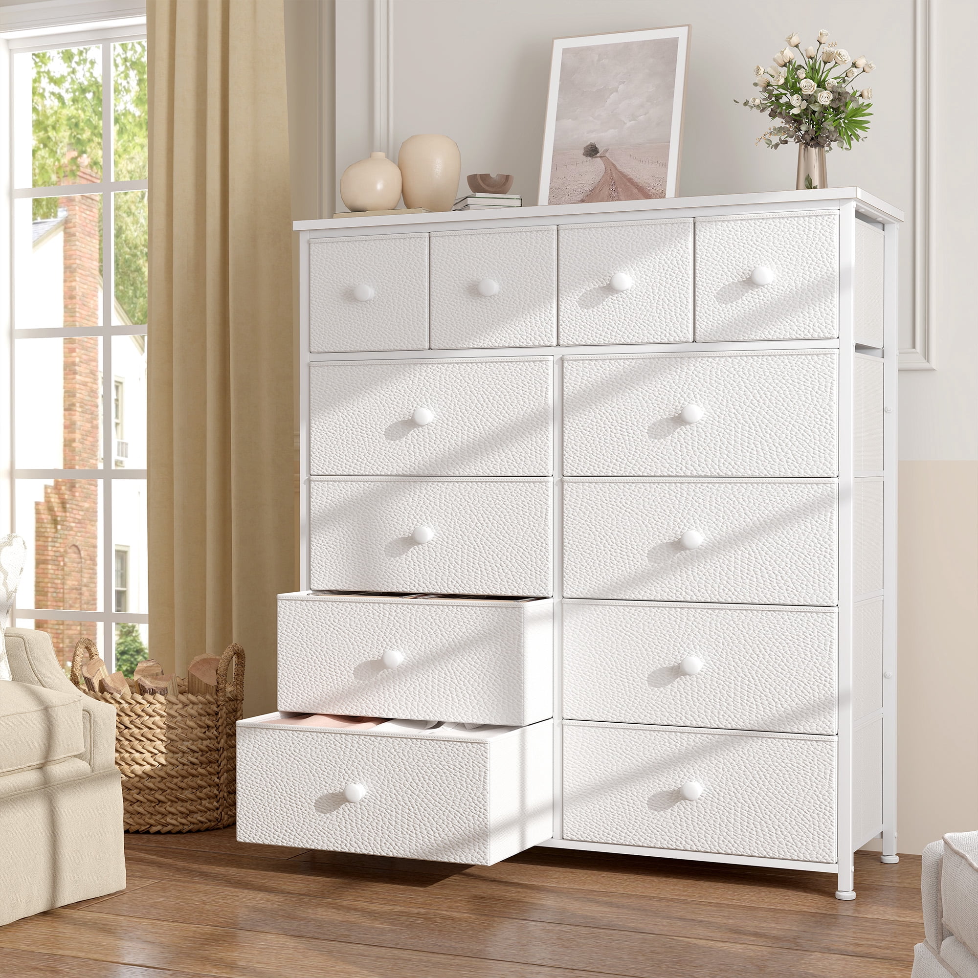 Romorgniz Tall Dresser for Bedroom with 12 Drawers White Dresser for Closet Fabric Chests of Drawers, Sturdy Metal Frame, Wood Top