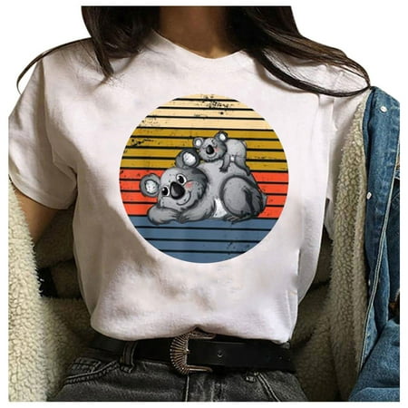 

T-Shirts for Womens Short-Sleeve Tees Shirts Casual Creawneck Tshirts Loose Plus Size Funny Koala Print Tops Blouse