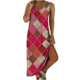 thumbnail image 1 of Femmes Bohème Fendue Côté Midi Robe Graphique Imprimé V Cou Mode Sans Manches en Vrac Robe de Plage Robe d'Été, 1 of 7
