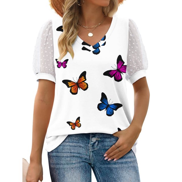 LOVZFMLL Hauts d'Été pour Femmes Mode Décontractée Col en V Vintage Imprimé Blouse Manches Courtes T-Shirt Hauts d'Été
