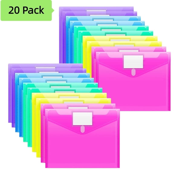 20 Pack Plastic Envelopes File Folders, Colored Folder for Documents Organizer with Label Loose-Leaf Transparent, Clear Filing Folders for Office School Paper Storage, Letter/A4 Size 5 Colors
