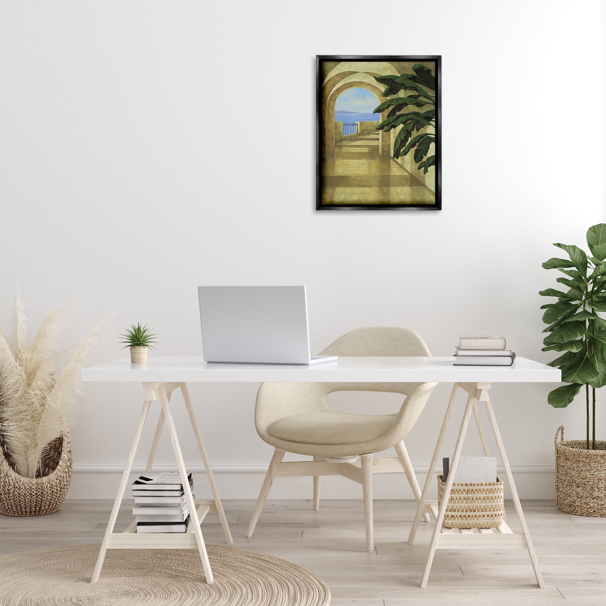Stupell Industries Coastal Villa Palm Town & City Painting Black Floater Framed Art Print Wall Art, 17 x 21
