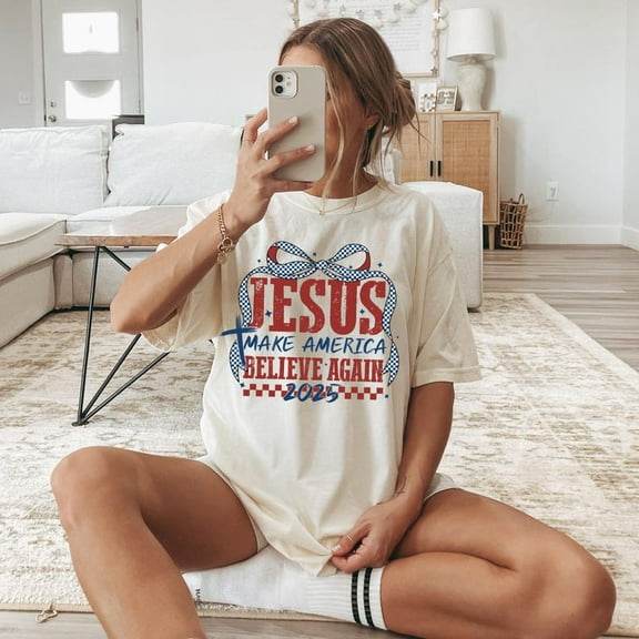 Jesus Make America Believe Again T-Shirt, Coquette Faith Tee, Christian Patriotic 4th of July Shirt for Women