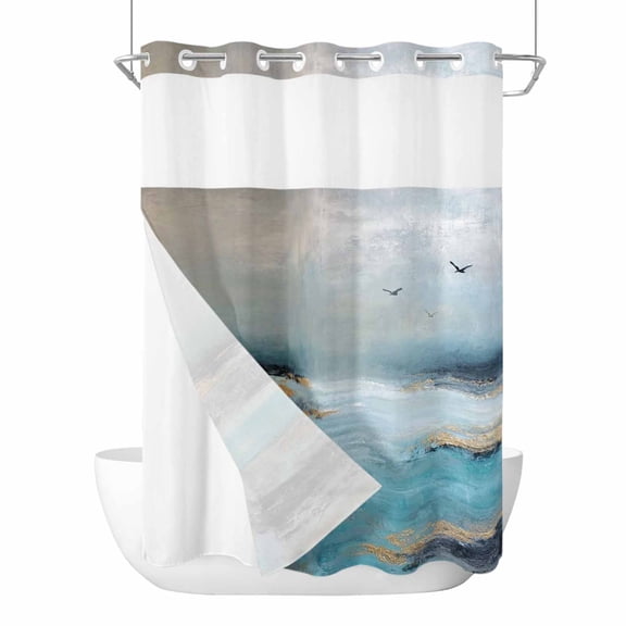 No Hook Modern Oil Painting Shower Curtain with Snap in Liner Set, Vintage Abstract Art Scenery Waterproof Fabric Bathroom Curtains with See Through Top Window, Hotel Style Extra Long 72 x 96 Inch