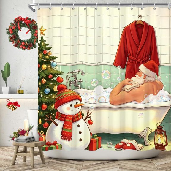 Christmas Shower Curtain Santa Claus In Bathtub With Snowman And Xmas Tree Waterproof Fabric Bath Curtain For Bathroom Decor 71x71 Inches