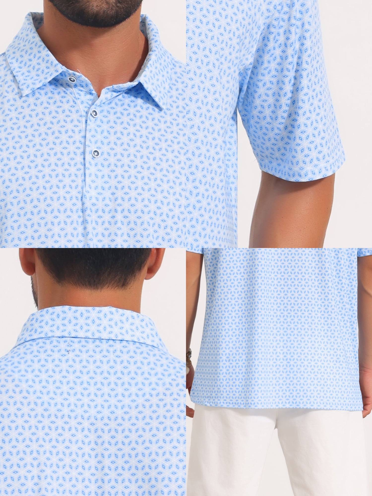DARING DIVA Men's Printed Short Sleeve Lightweight Breathable Polo Shirts S Light Blue