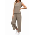 thumbnail image 3 of Two Piece Sets for Women Summer Vacation Outfits Cap Sleeve Tops Lounge Matching Sets Clothing Khaki M, 3 of 9