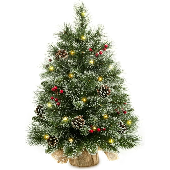 24" Mini Christmas Trees with Flocked Pine Needles, Pine Cones, Berries Decoration, 2 Ft Decorated Burlap Trees with 25 Led Lights, Kitchen Tabletop Artificial Pre Lit Christmas Tree