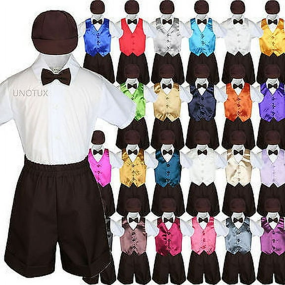 Boys Toddler Formal Vest Shorts Suits Satin Vest Brown Bow Tie Hat 5pc Set S-4T