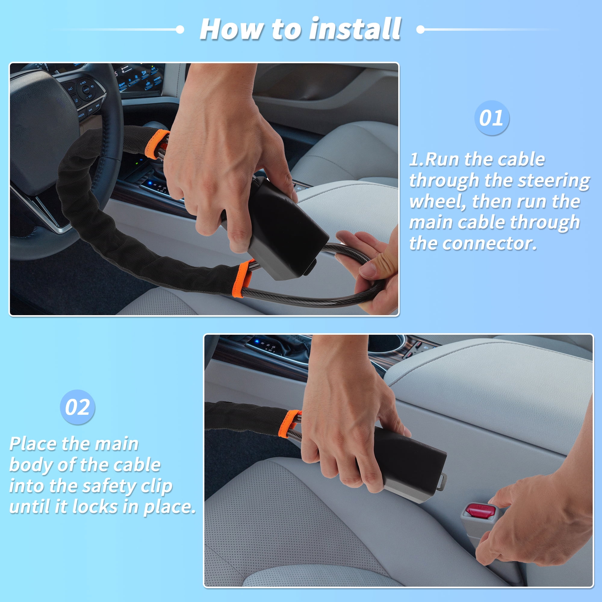 Unique Bargains Steering Wheel Lock with Seat Belt Lock Function - Universal Anti Theft Car Device for Most Vehicles 44 cm Length High Security with Black (1 Set)